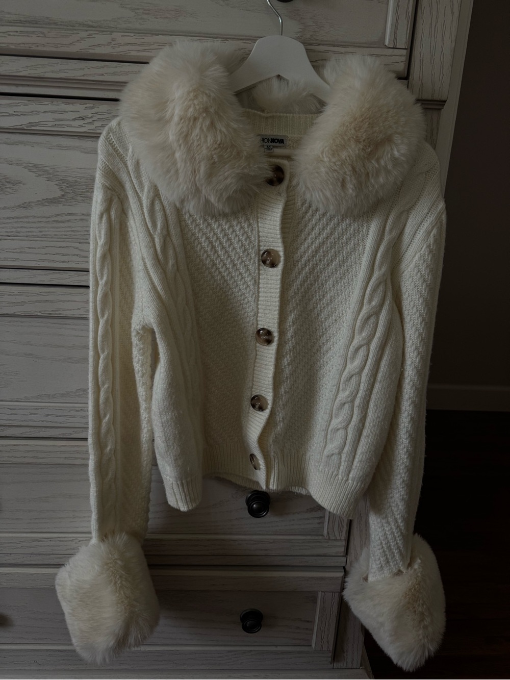 Cream Cable-Knit Sweater with Faux Fur Collar and Cuffs